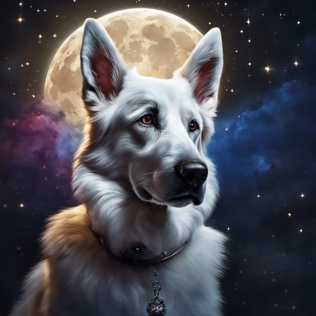 Majestic White Shepherd in Moonlight, Digital Art