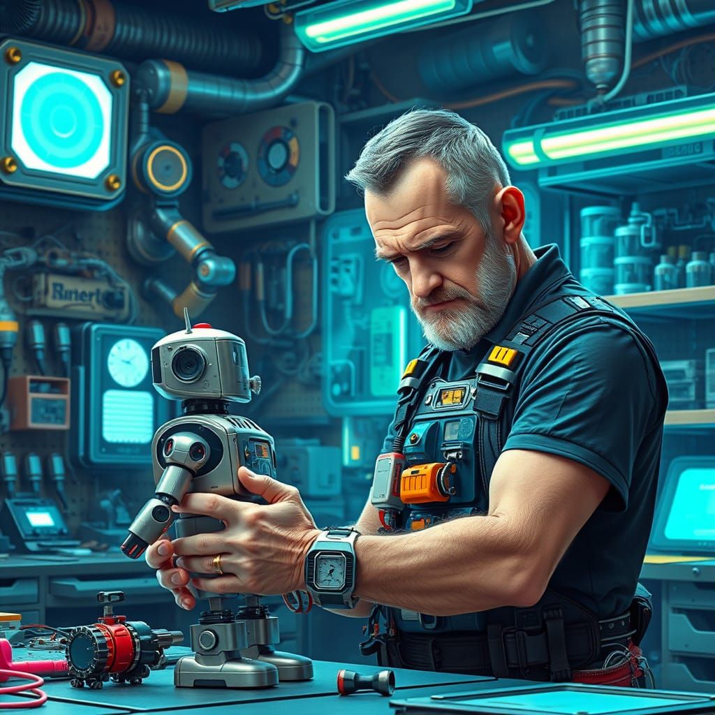 Cyber-Dad Fixing Robots