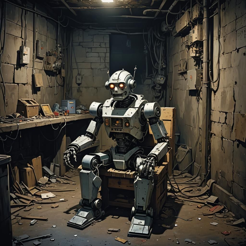 Sinister Robot in Dark Basement