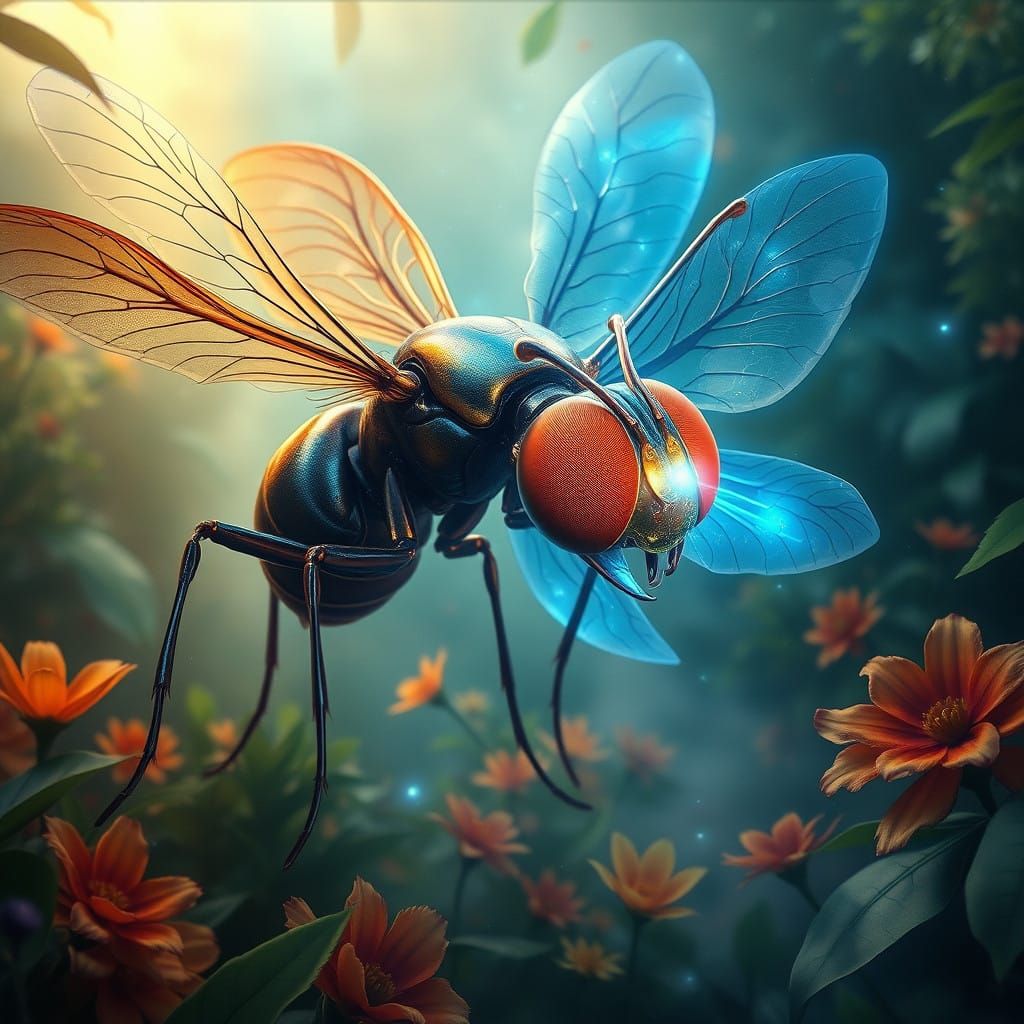 Iridescent Ant-Fly Fusion in Surreal Sci-Fi Style