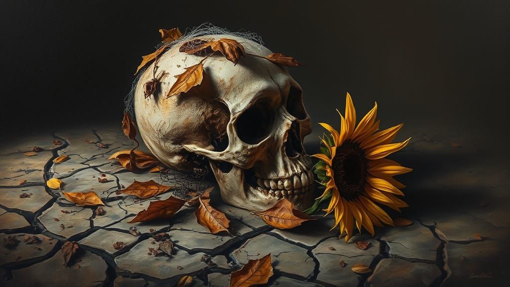 Gothic Still Life: Skull with Leaves in Fading Light