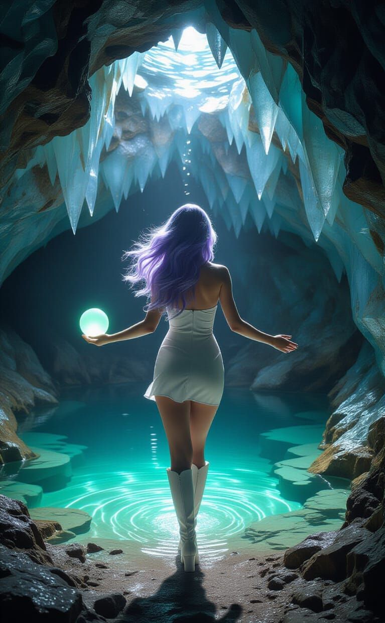 Ethereal Woman Holds Glowing Orb in Crystal Grotto