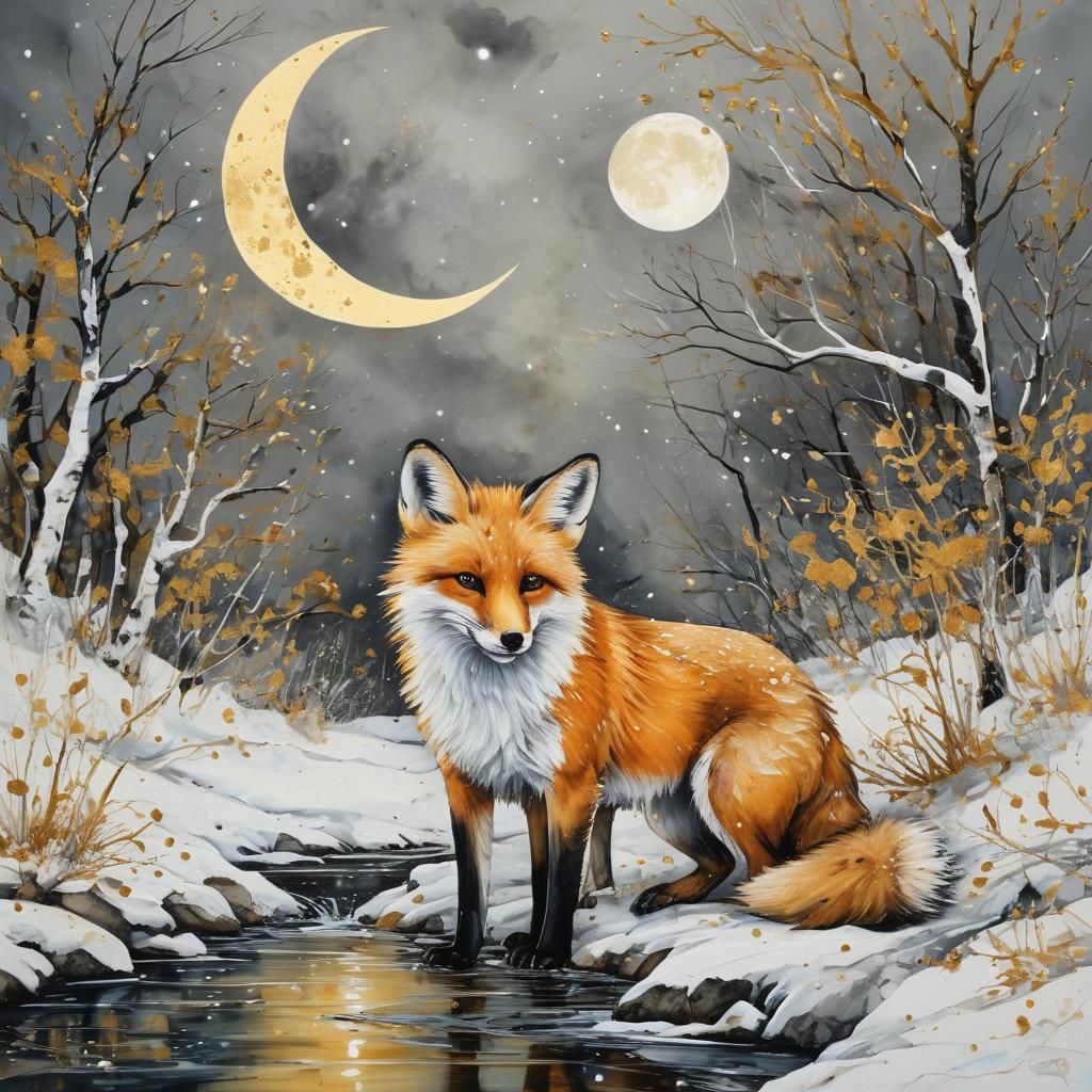 Fox by Snowy Stream in Alcohol-Ink Marbling Style