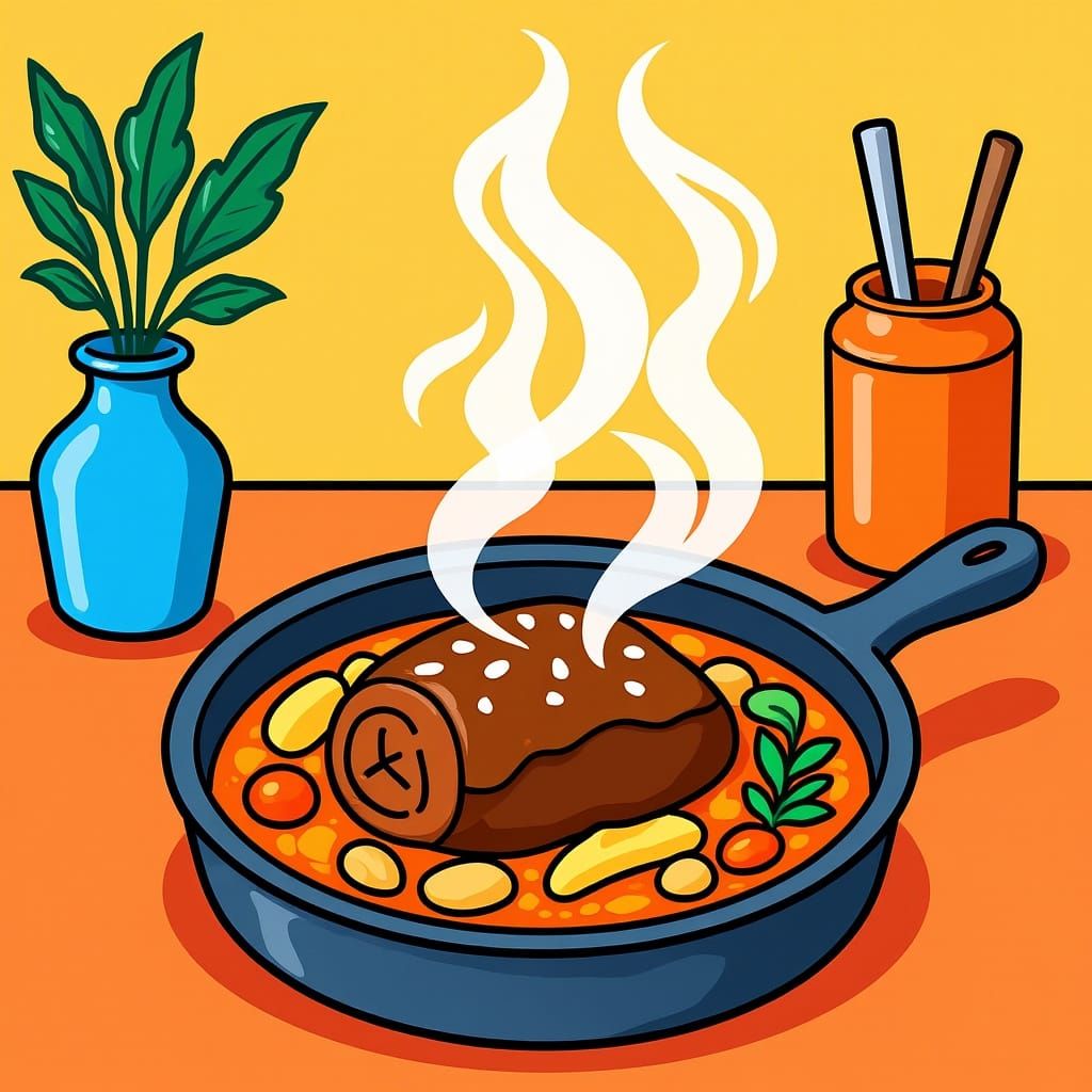 Vibrant Cartoon Kitchen with Steaming Pot Roast