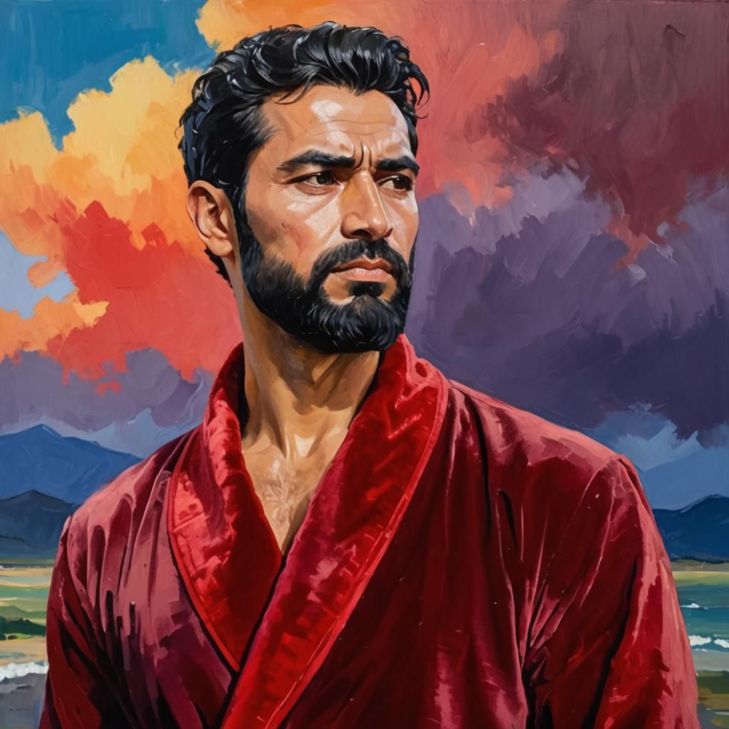 Expressive Portrait of Man in Red Robe as Impasto Painting