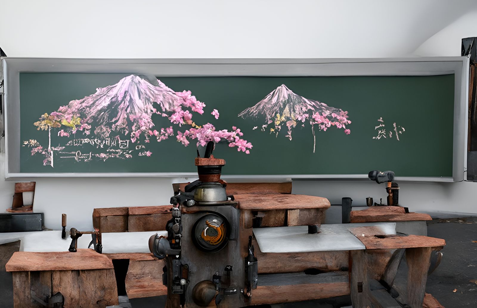 Steampunk Engine with Mt. Fuji and Cherry Blossoms