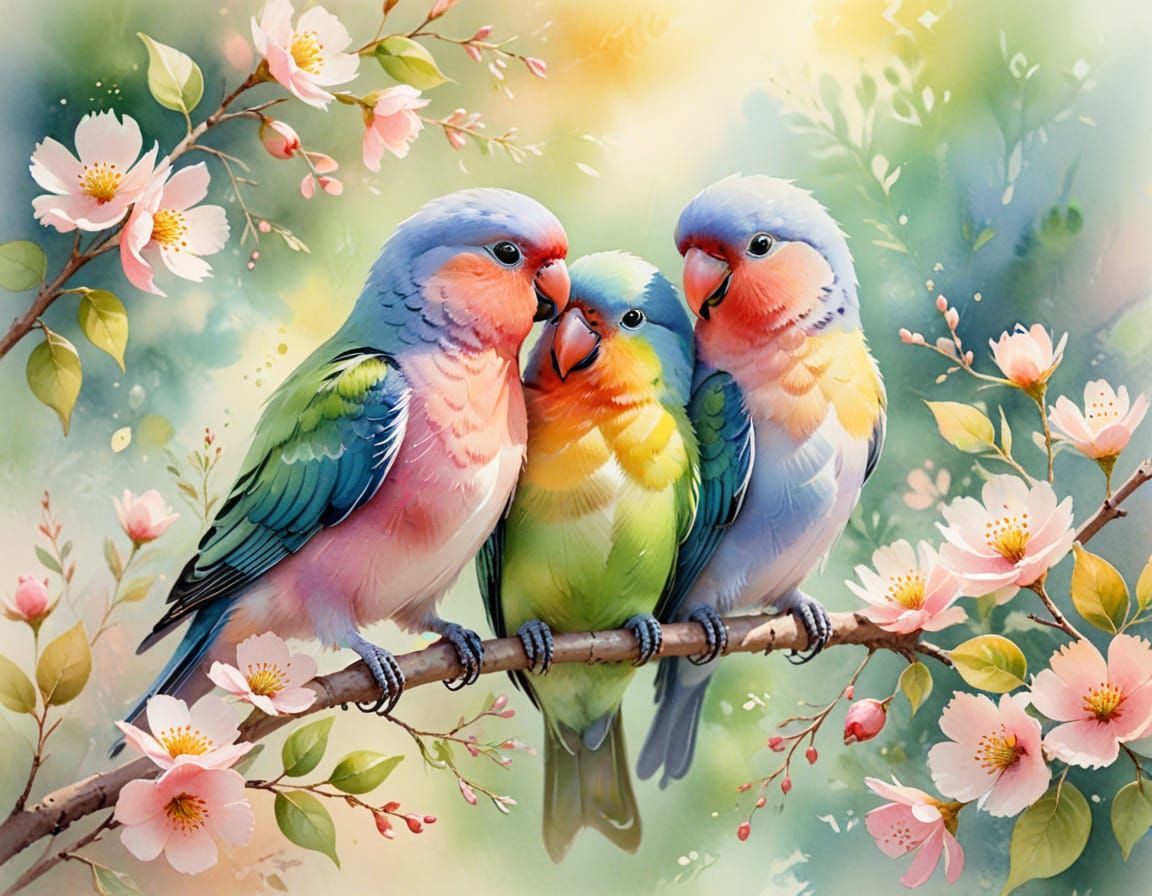 Watercolor Lovebirds in a Spring Garden