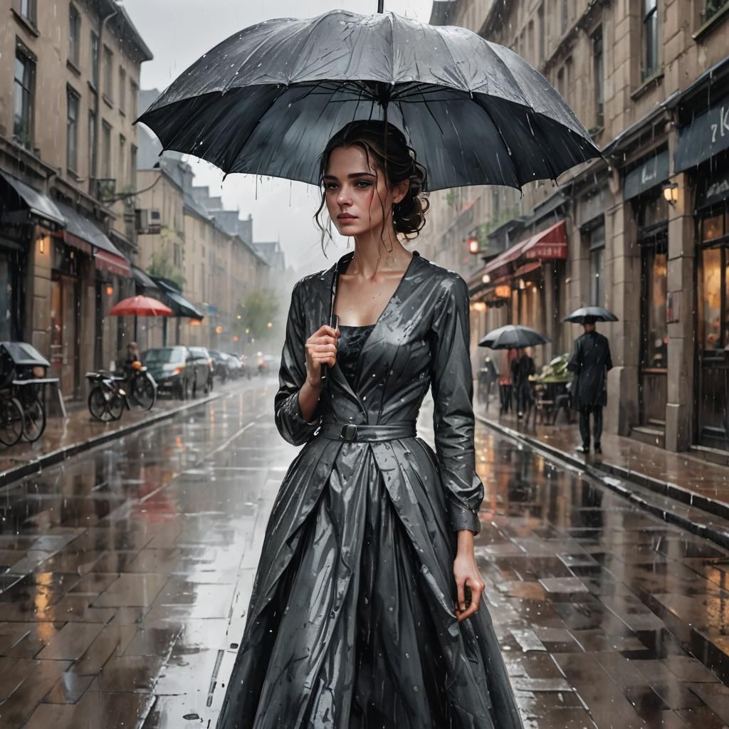 A Lonely Ballerina on a Rainy European Street in Impasto Ink...