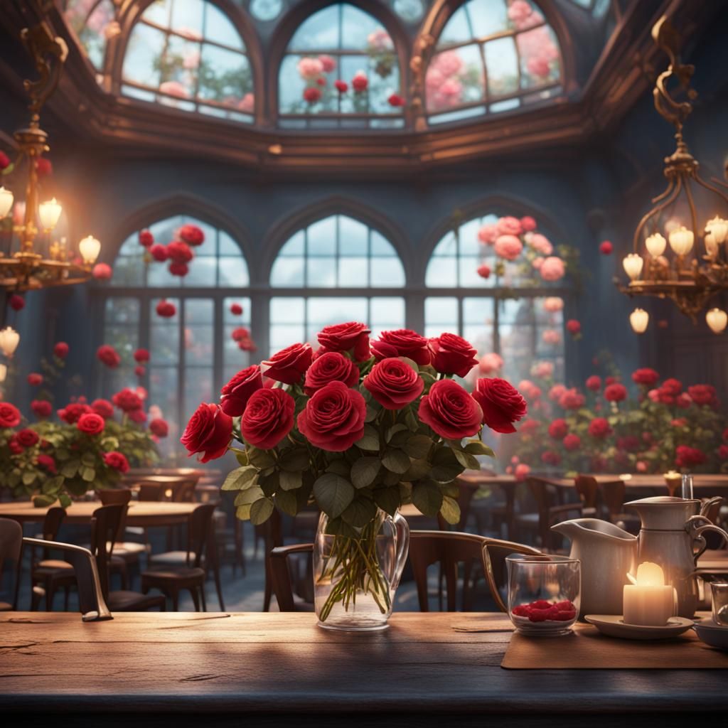 Roses in Cafe: Detailed Matte Painting