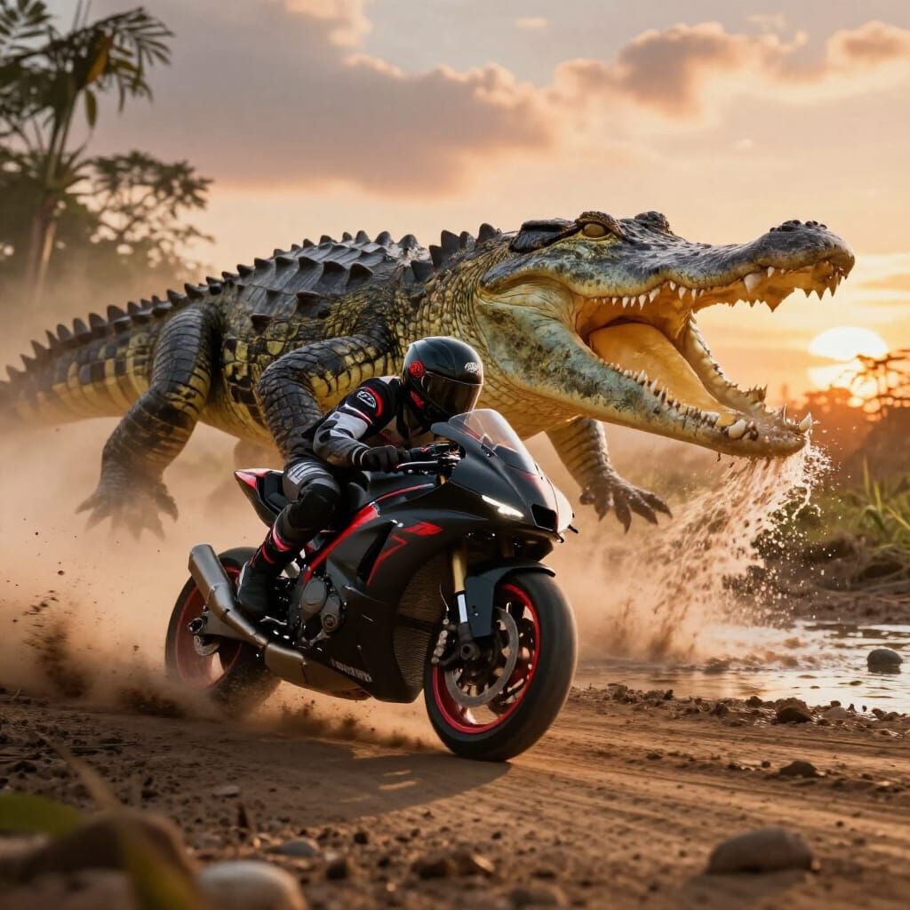 Motorcycle Races Crocodile in Dramatic Action Scene