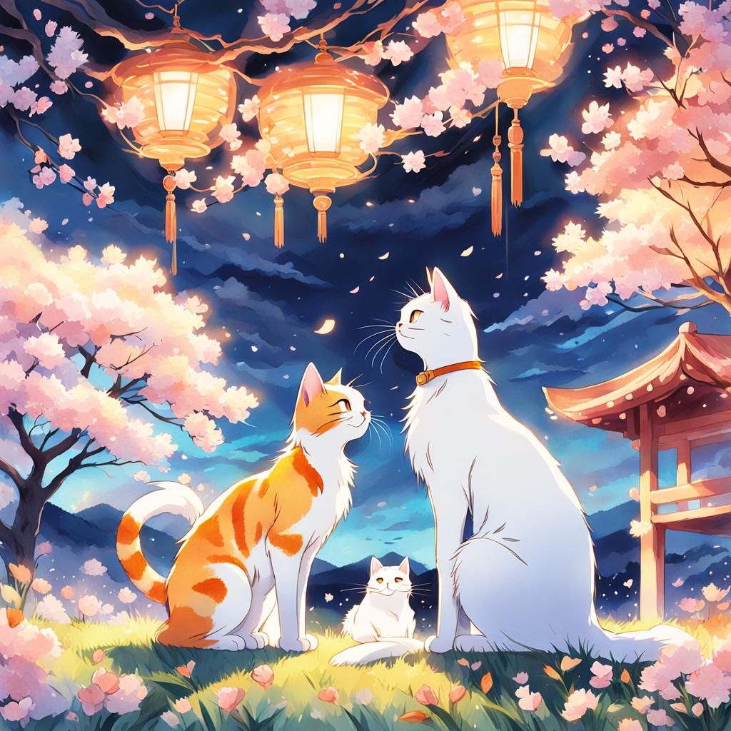 Romantic Cats in Anime Key Visual Style