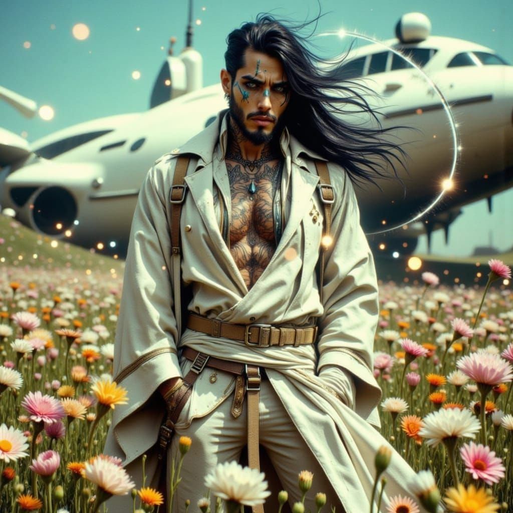 Alien in Bioluminescent Flower Meadow, Photorealistic Style