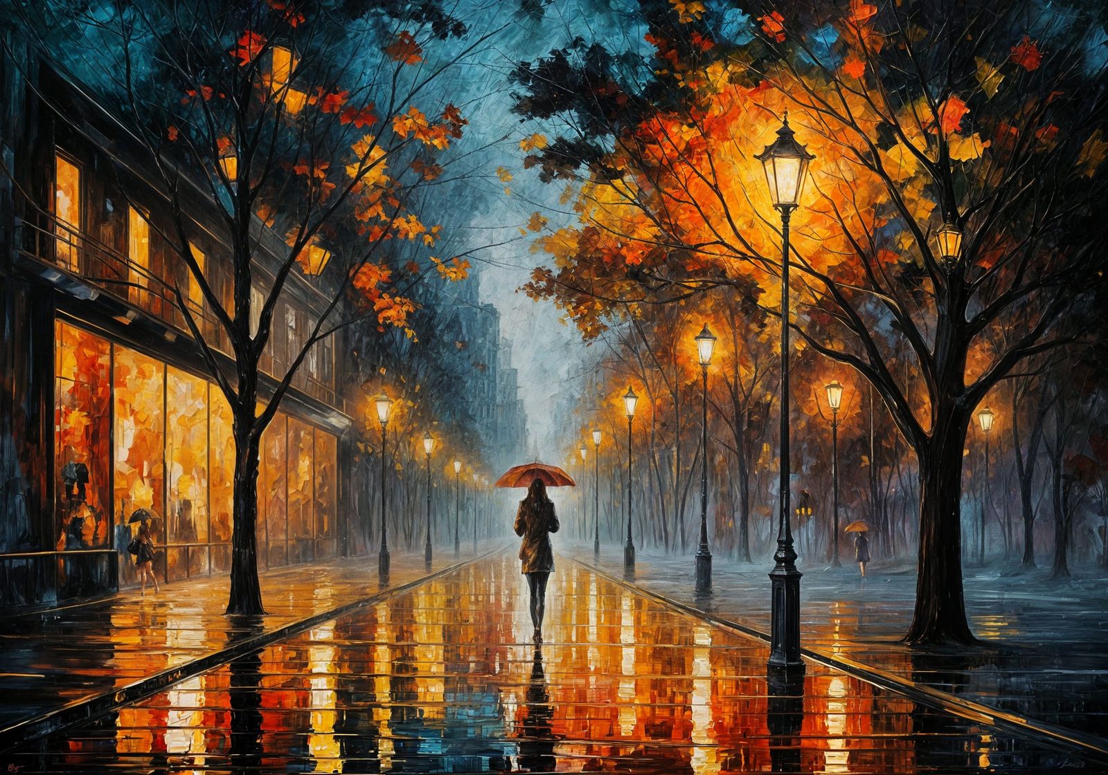 Rainy Night Street Scene in Expressive Impasto Style