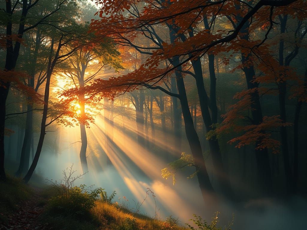 Ethereal Autumn Forest Sunset in Pre-Raphaelite Style