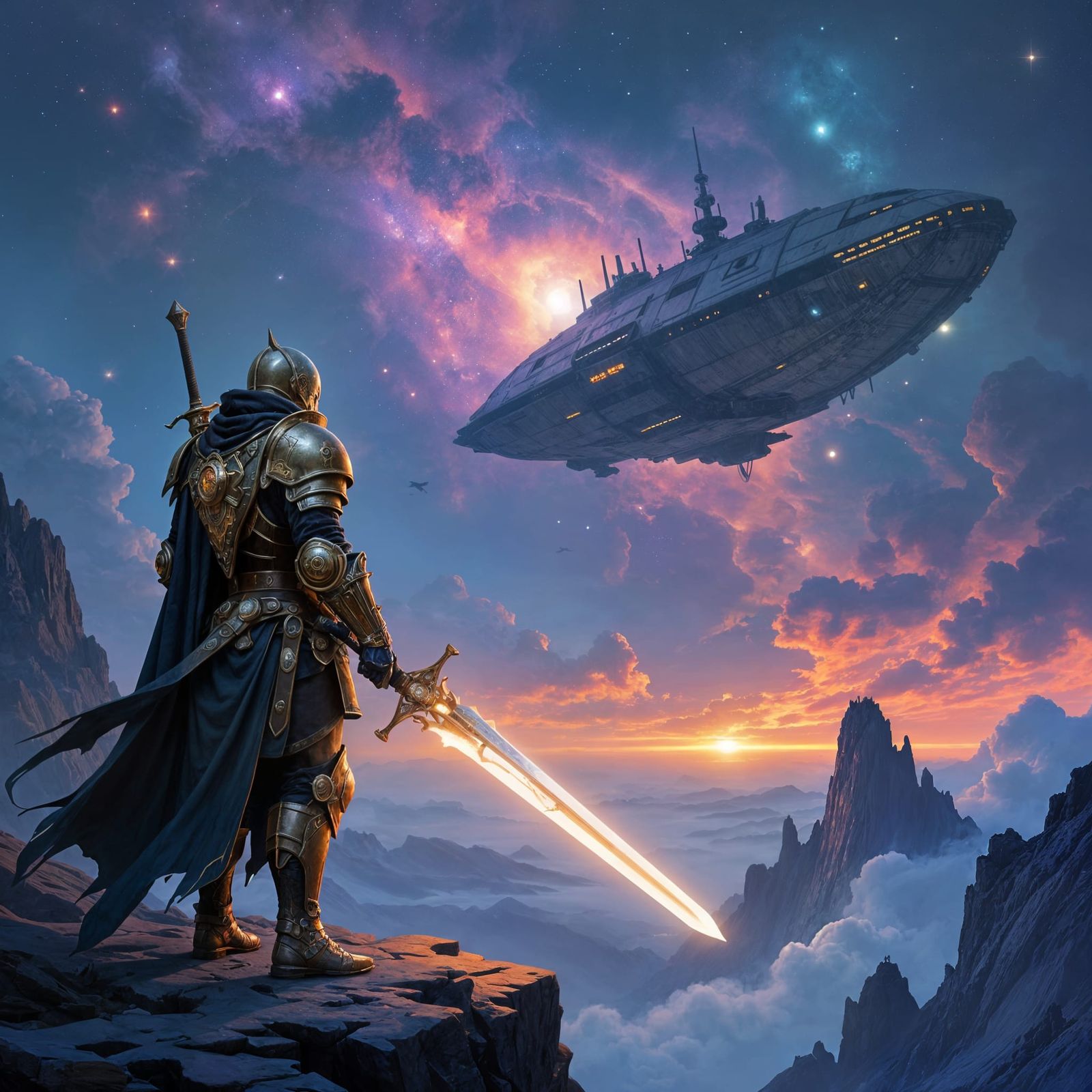 Knight Overlooking Nebula in Steampunk Armor