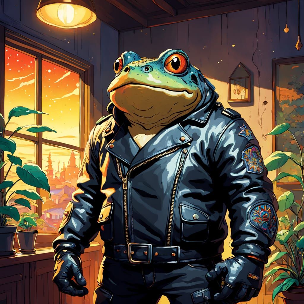 Muscular Toad in Studio Ghibli Cartoon Style Biker Gear