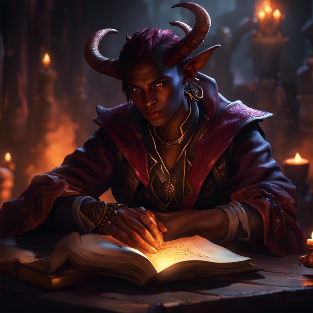 Tiefling Bard Warlock in Dark Fantasy Style