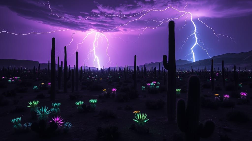 Vibrant Cacti Oasis in Neon-Lit Desert Night