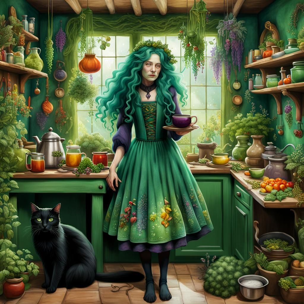 Enchanting Green Witch Cooking Colorful Brew