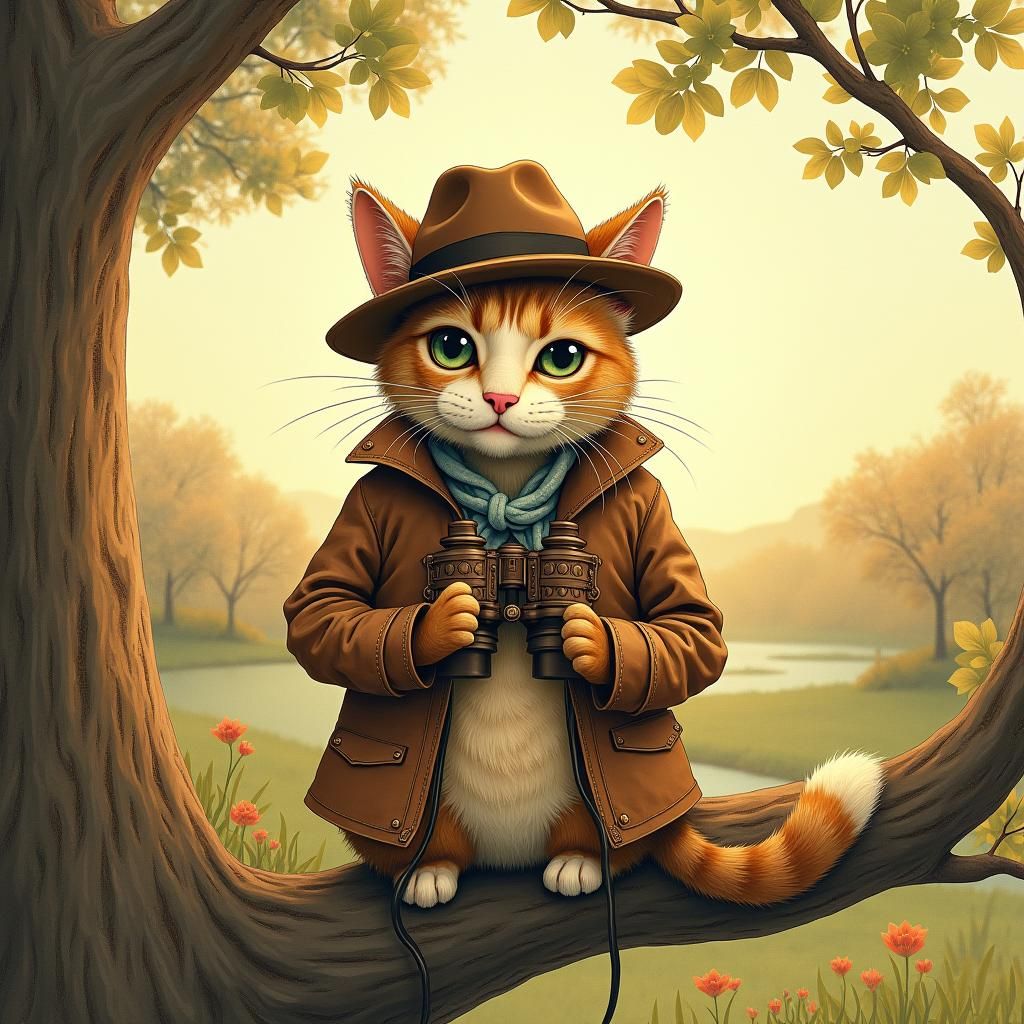 Curious Cat Spy in Beatrix Potter Style
