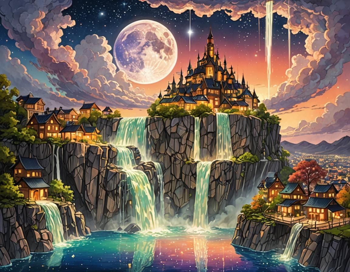 Floating Glass Waterfall City Under Supermoon