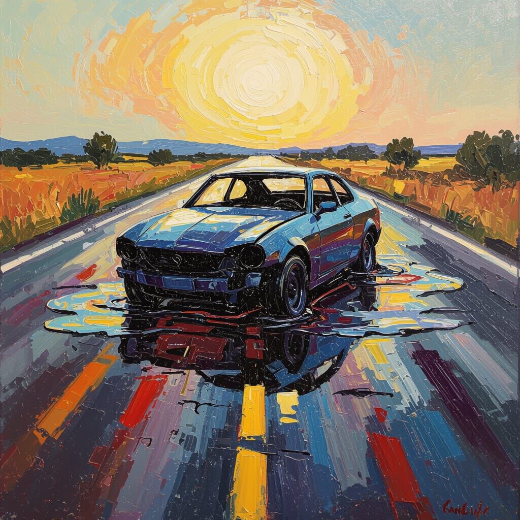 Car Melts on Scorching Road in Neo-Impressionism Style
