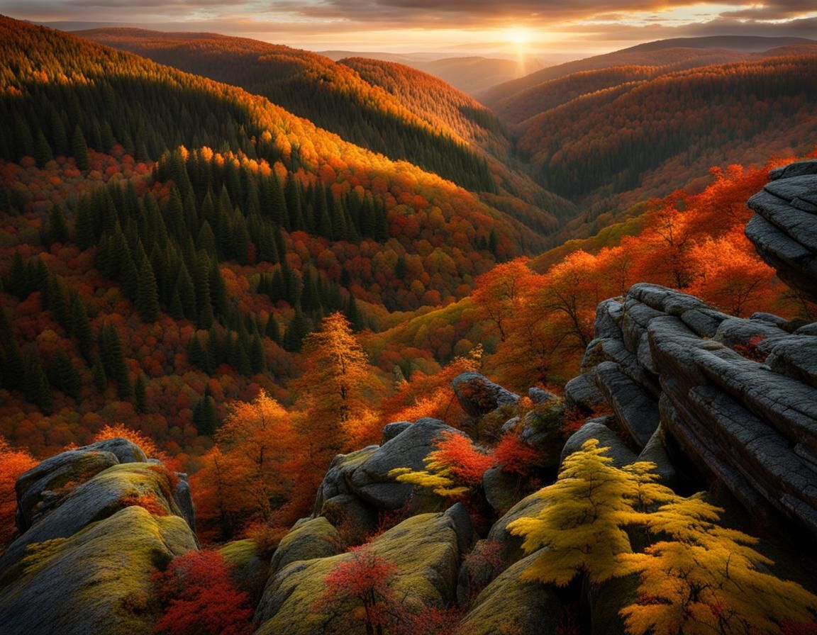 Autumn Valley View from Forest Trail at Magic Hour
