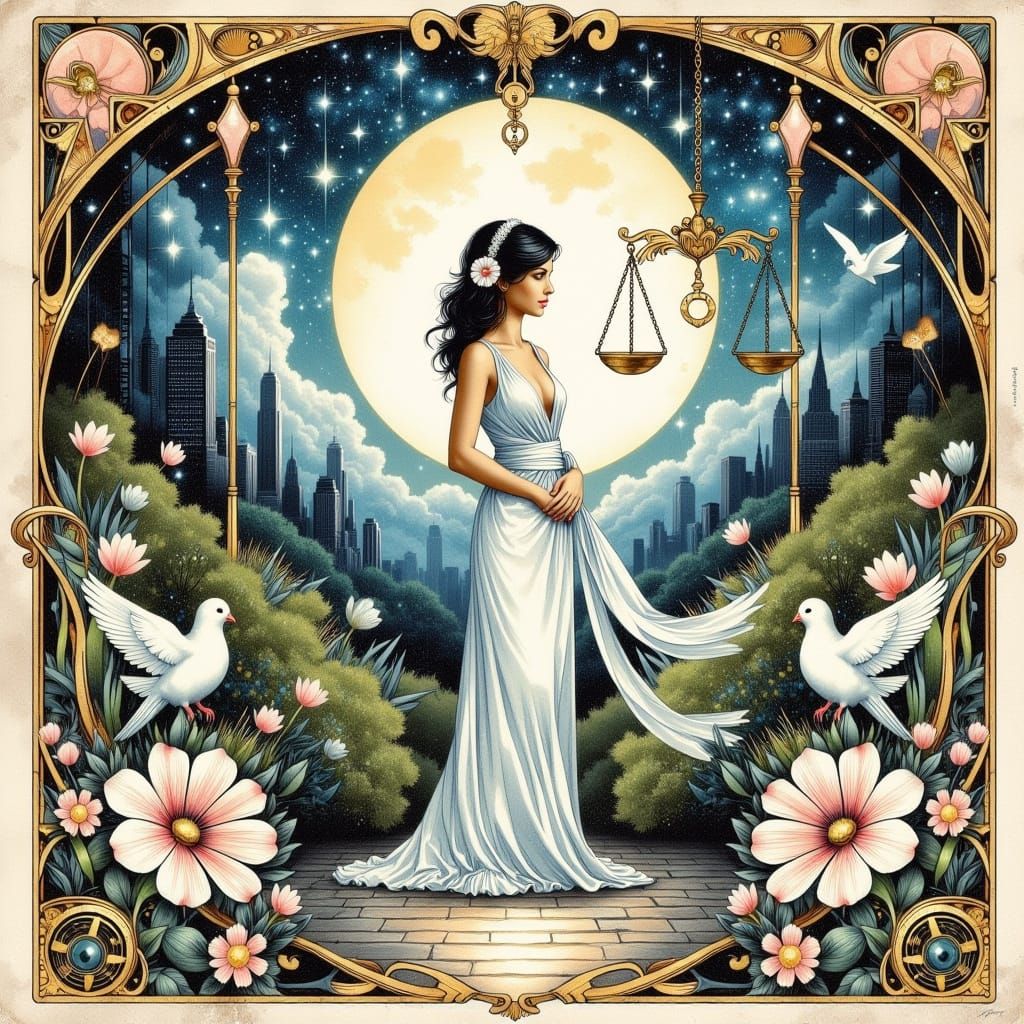 Libra Tarot Card in Art Nouveau Style with Zodiac Signs