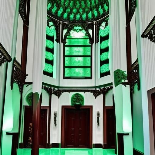 Gothic penthouse with Mahogany walls with mint green accents& Jade green accents& Mahogany gothic windows with Jade gree...