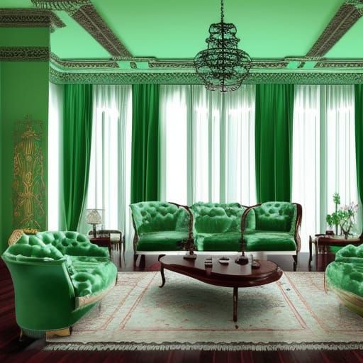 Gothic penthouse with Mahogany walls with mint green accents& Jade green accents& Mahogany gothic windows with Jade gree...