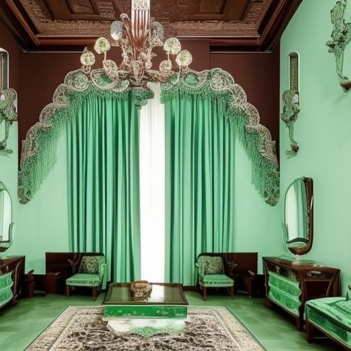 Gothic penthouse with Mahogany walls with mint green accents& Jade green accents& Mahogany gothic windows with Jade gree...