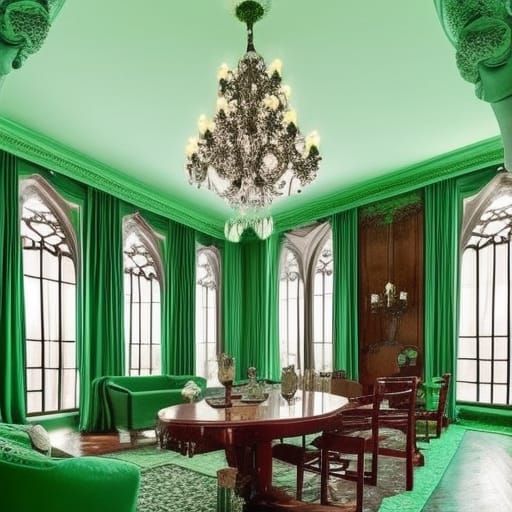 Gothic penthouse with Mahogany walls with mint green accents& Jade green accents& Mahogany gothic windows with Jade gree...