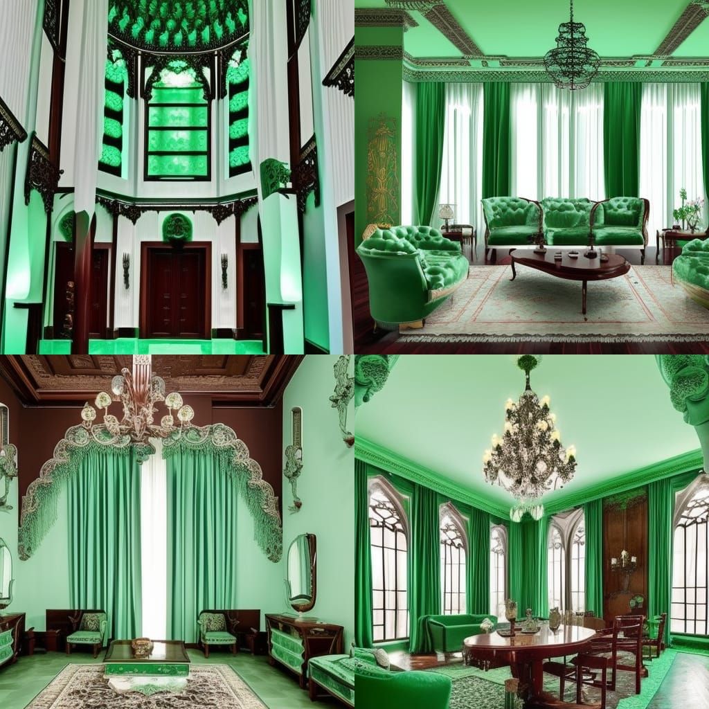 Gothic penthouse with Mahogany walls with mint green accents& Jade green accents& Mahogany gothic windows with Jade gree...
