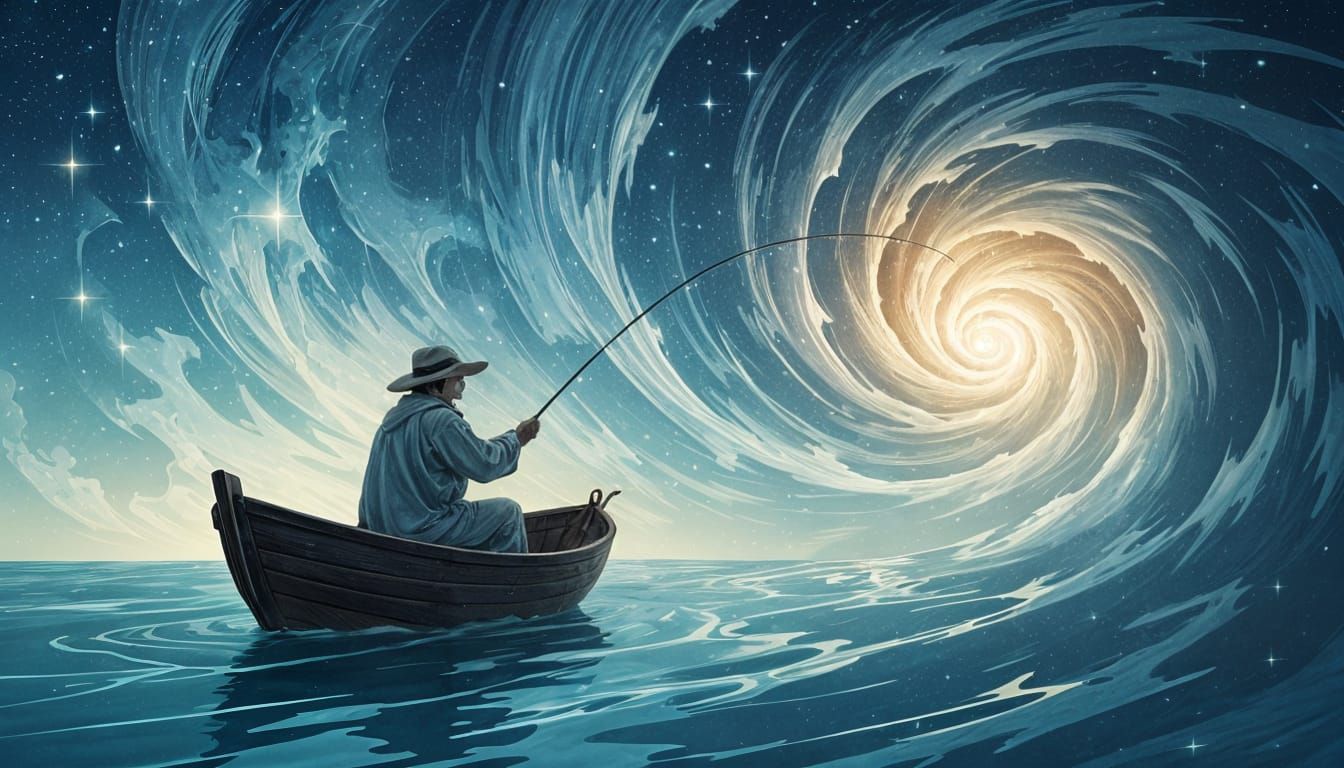 Ghostly Fisherman in Cosmic Starlight Vortex