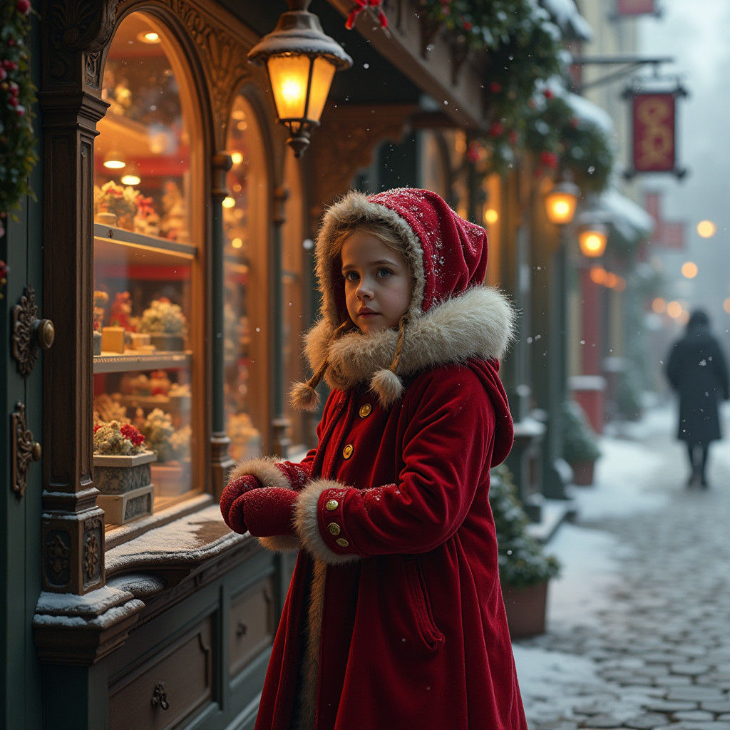 Girl in Red Coat at Victorian Toy Shop