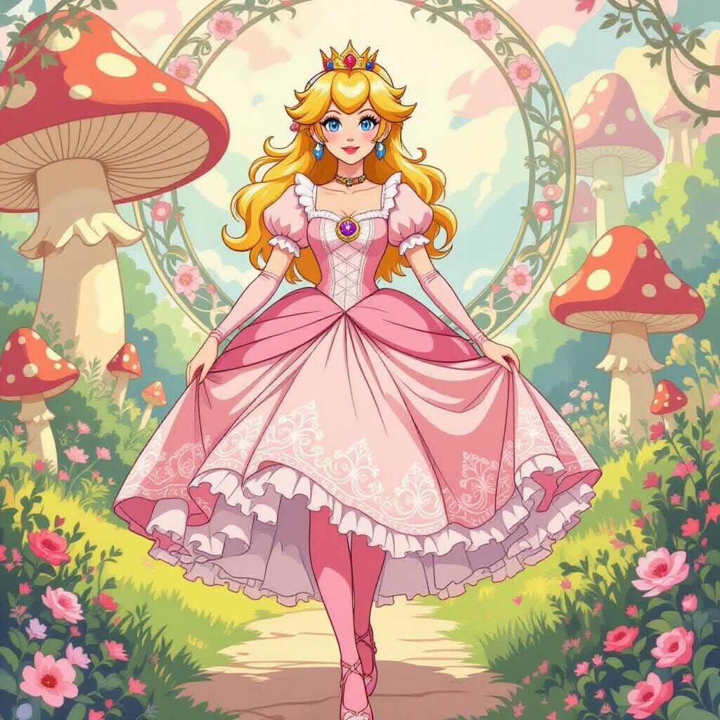Princess Peach in Lace Dress, Mucha-Inspired Art