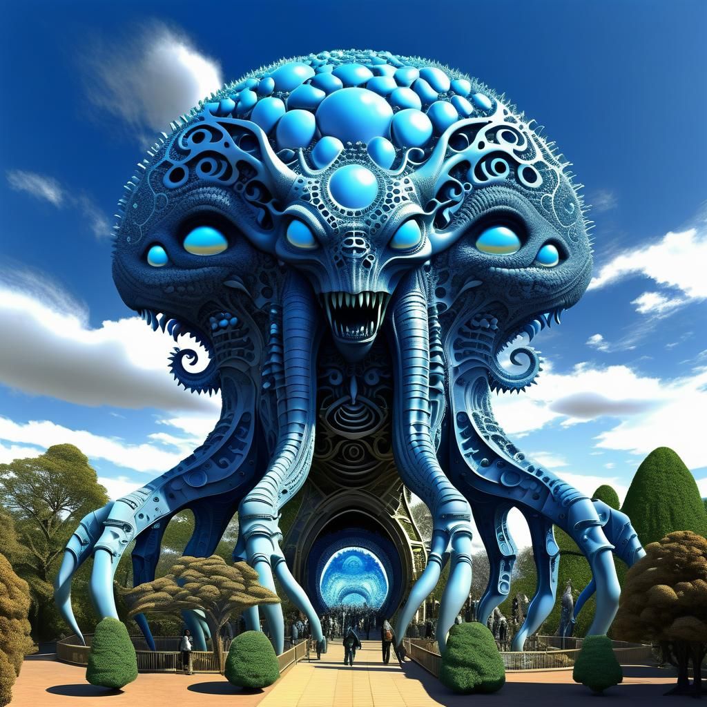 Surreal Stainless Steel Zoo with Alien Visitors