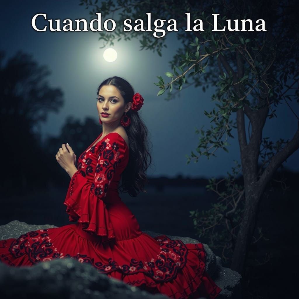 Stunning Spanish Woman in Red Dress Under Moonlight