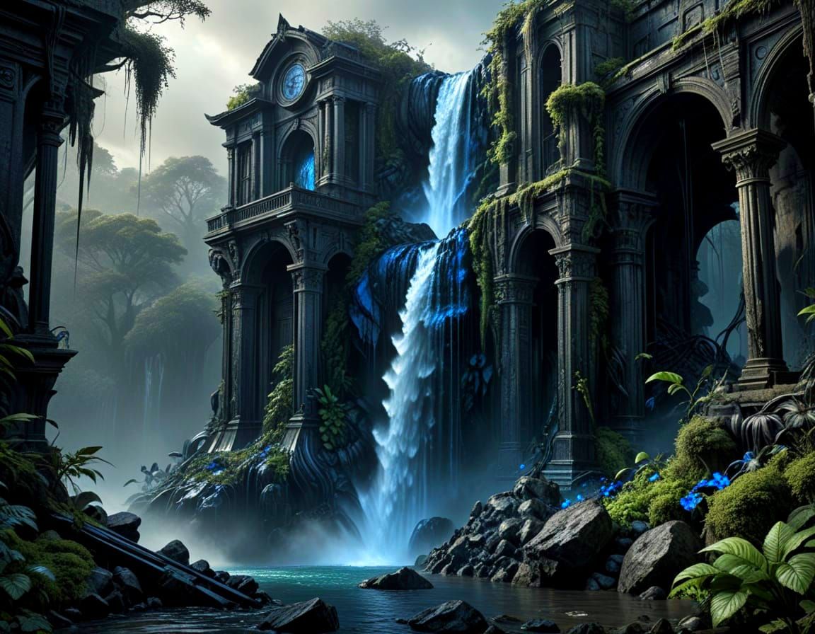 Ethereal Waterfall Descends Ruined City: Graphite Drawing