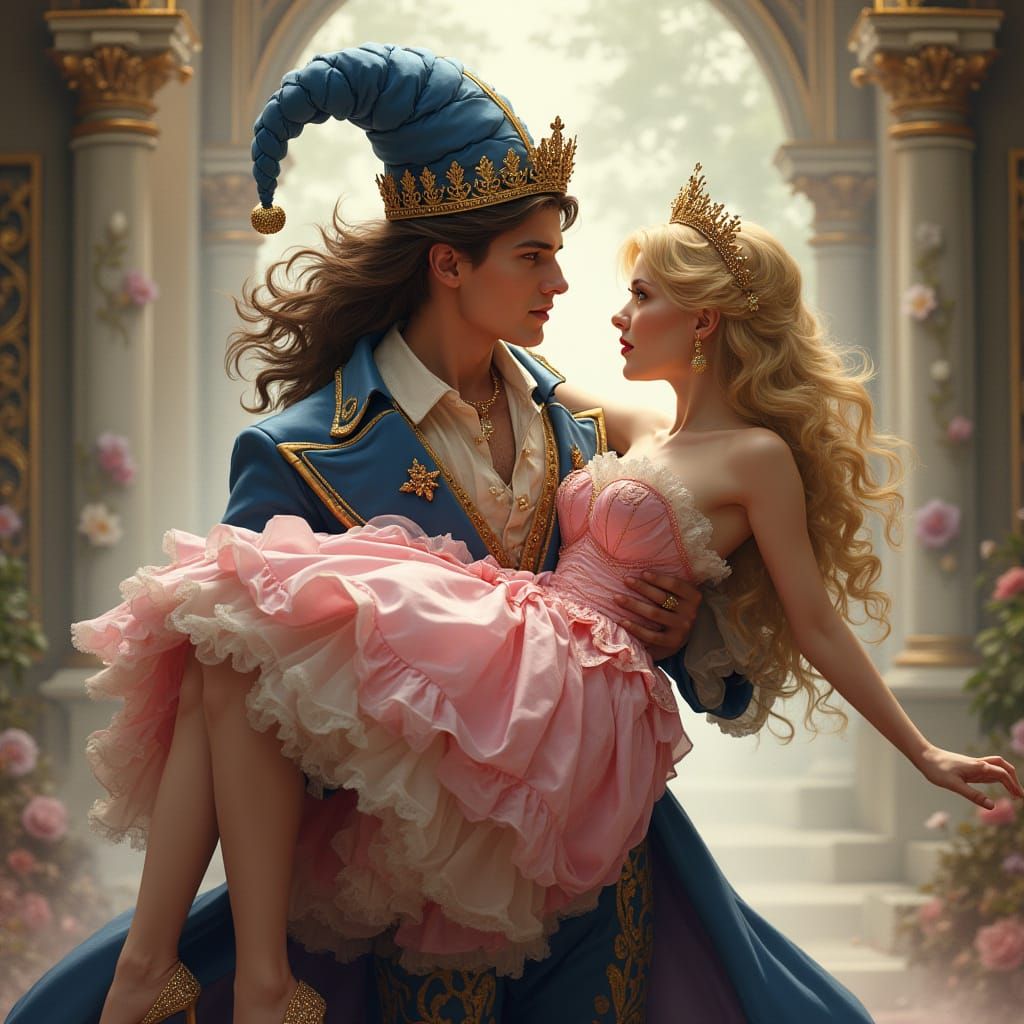 Jester Carries Princess in Opulent Fantasy Castle