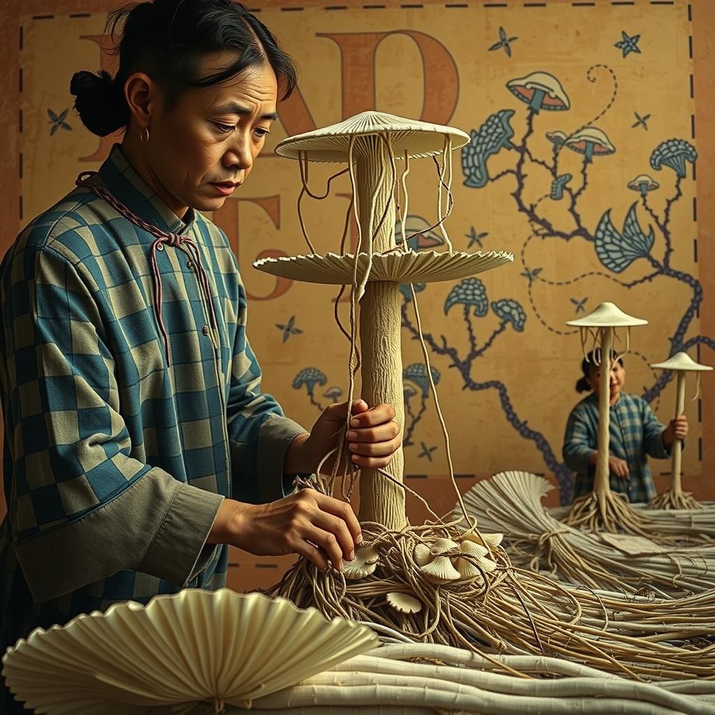 Mushroom Simulation: Blue and White Linocut Print