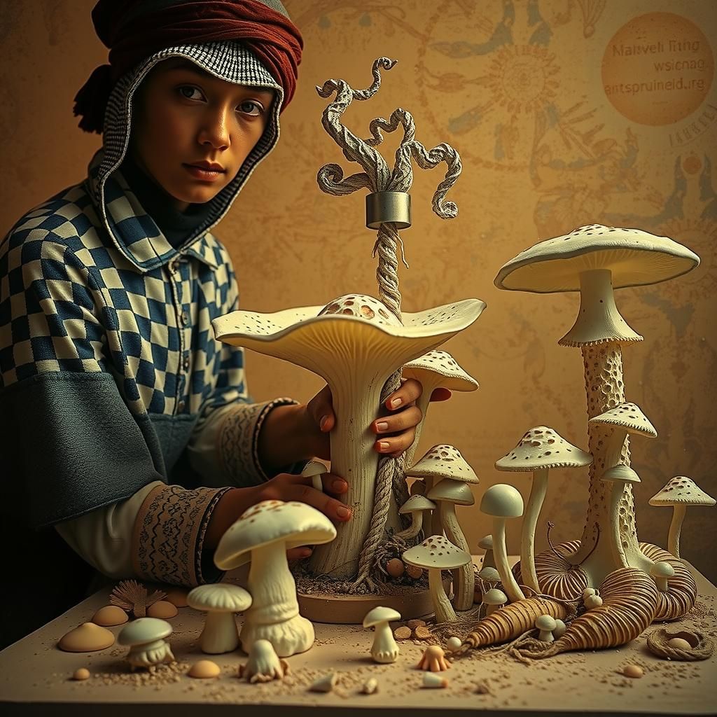 Blue and White Linocut: Mushroom Tending