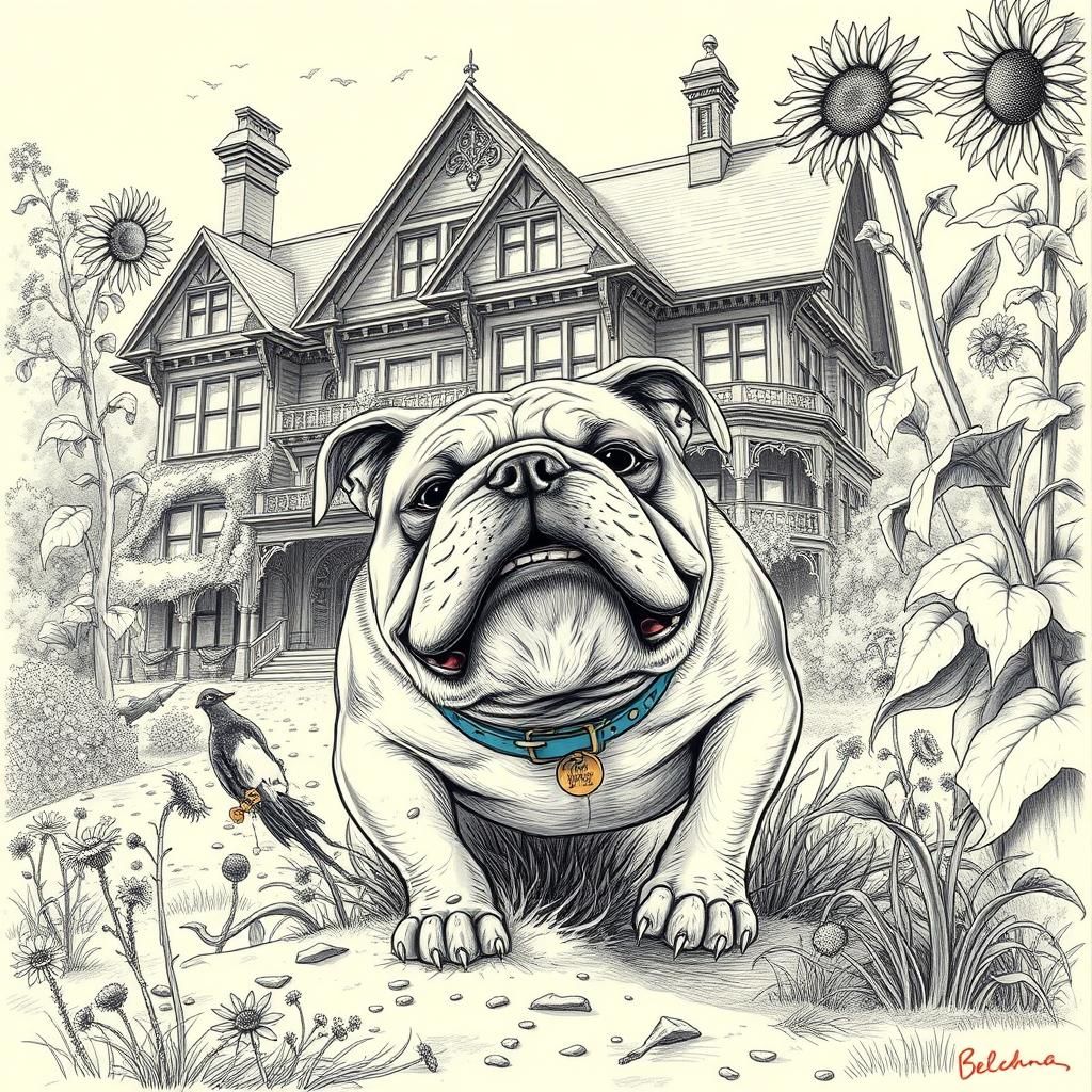 Bulldog Digging: Detailed Pencil Sketch of Victorian Scene