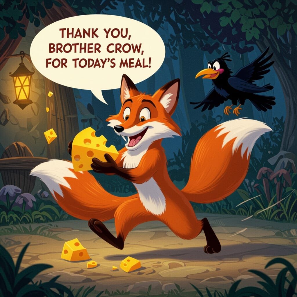 Cunning Fox Steals Cheese in Animated Fable Style