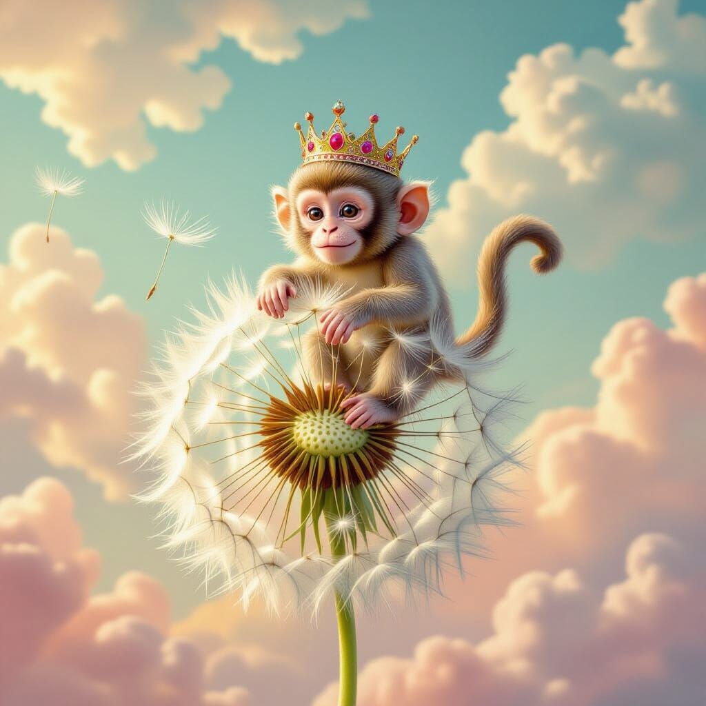 Whimsical Monkey Rides Dandelion Seed in Surreal Candy Sky