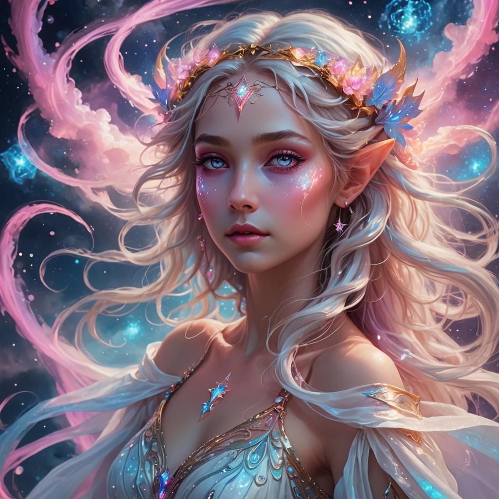 Ethereal Elf Goddess in Neon Halo: Digital Art