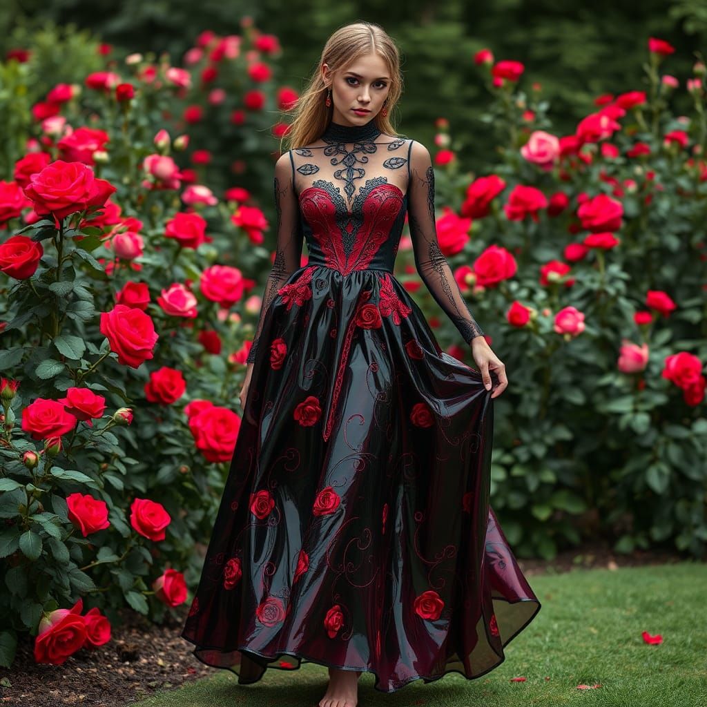 Woman in Latex Dress in Rose Garden