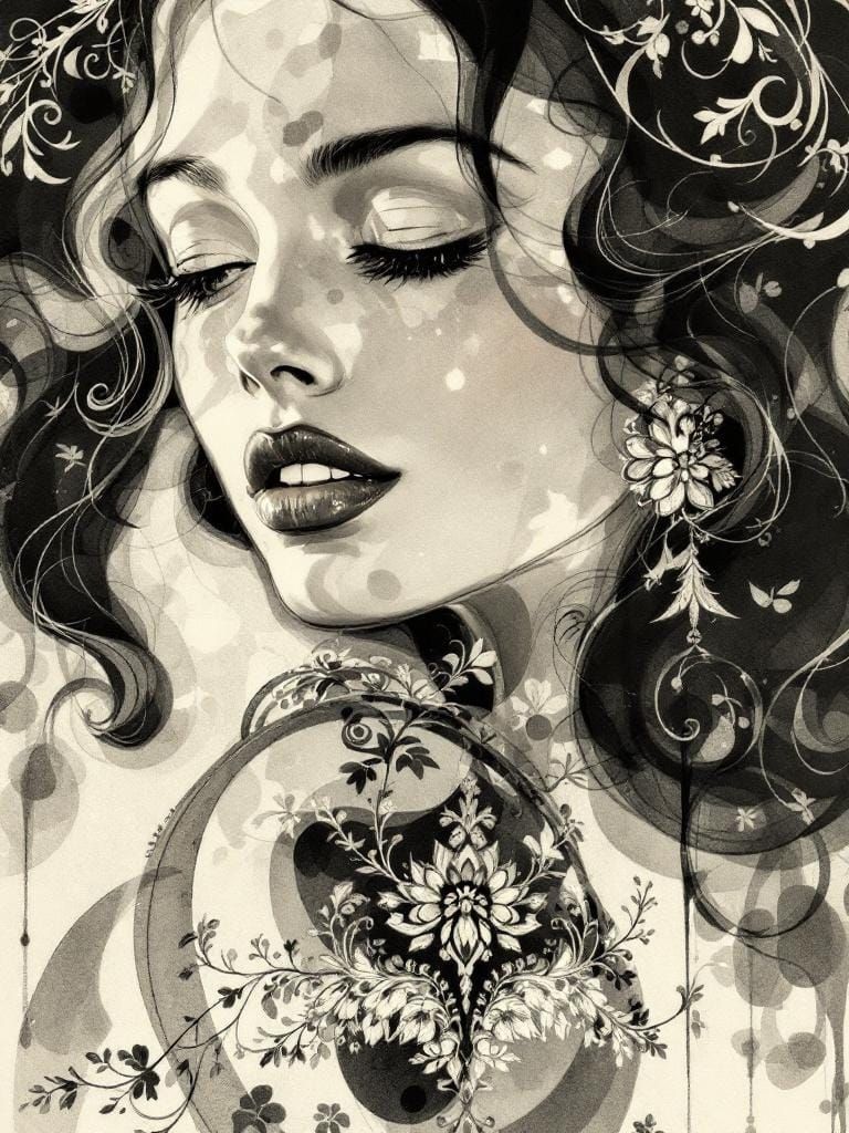 Woman in Art Nouveau Sumi-e Style