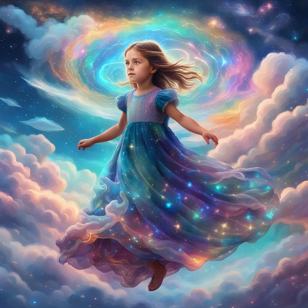 Girl Flies Through Clouds in Astral Illustration