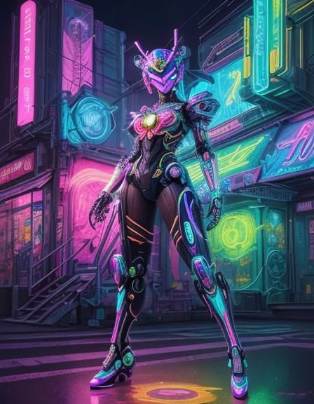 Masked Robot Magical Girl in Psychedelic Anime Style